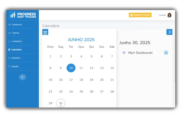 Tela do PG BodyTracker com gráficos e relatórios de avaliação física